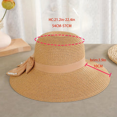 Faux Pearl Ribbon Bow Hat Wide Brim Straw Sun Hat