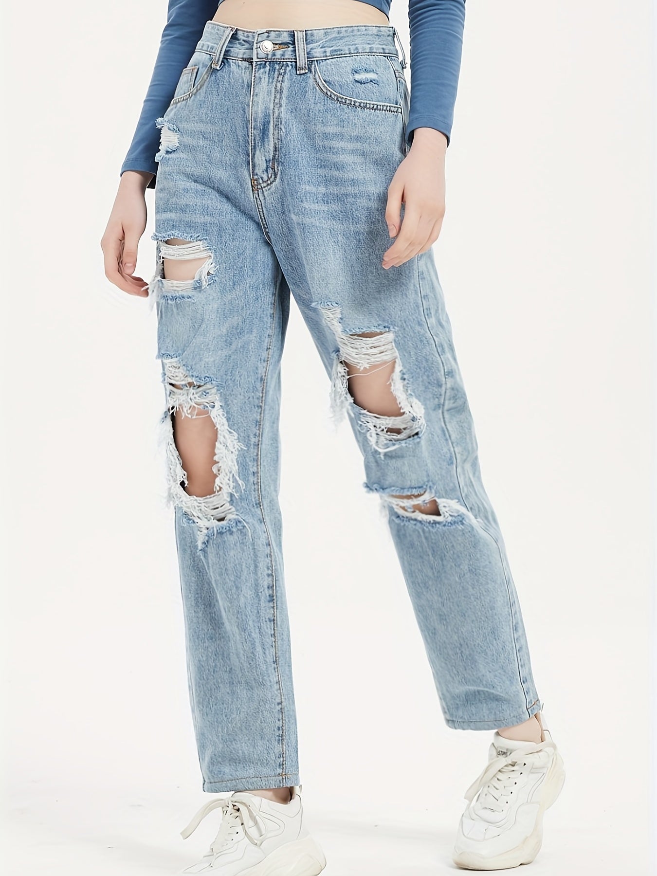 High Waist Ripped Straight Jeans Baggy Denim Pants