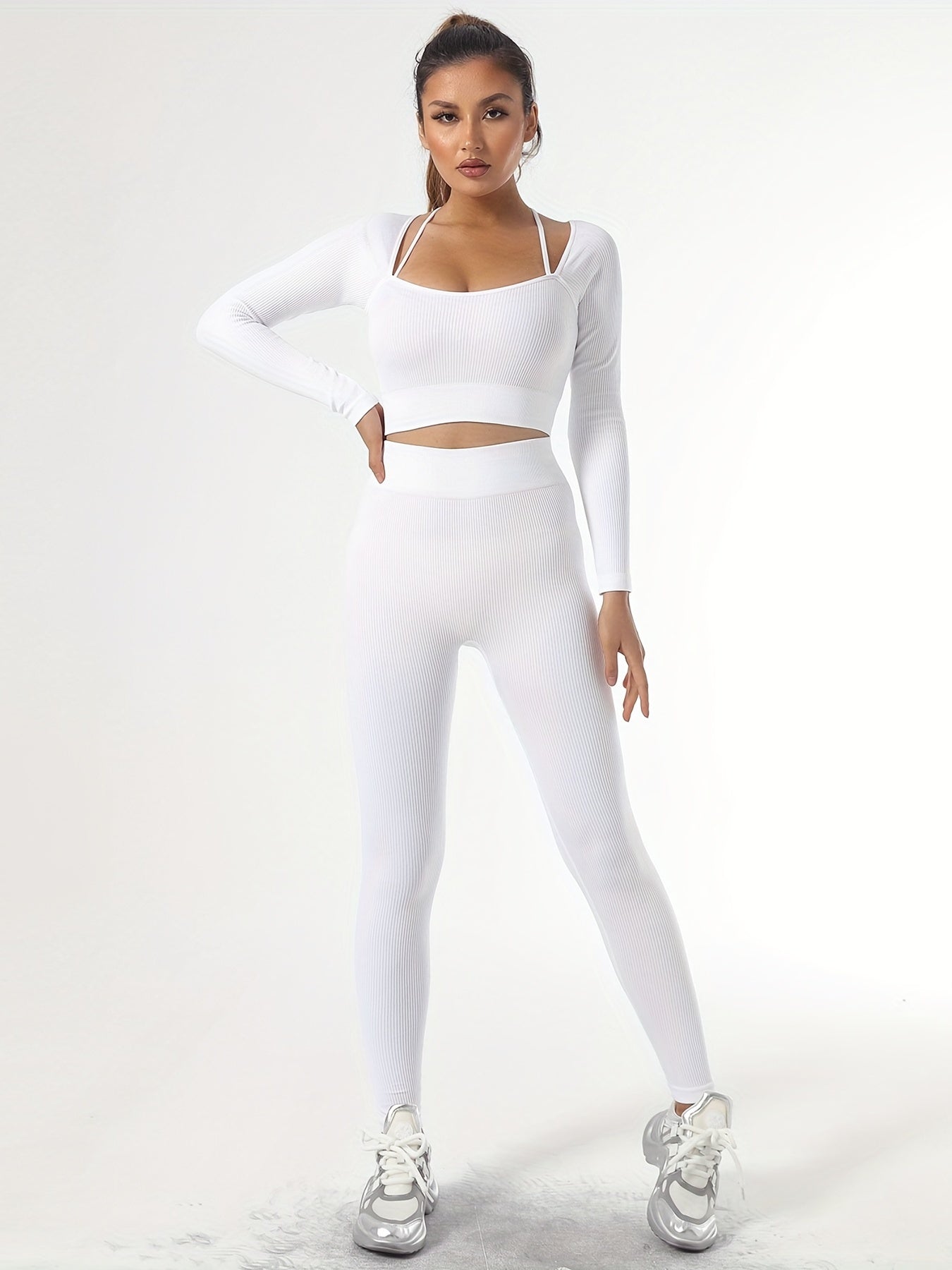 Solid Tight Long Sleeve Top And Leggings Sports Set