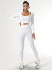 Solid Tight Long Sleeve Top And Leggings Sports Set