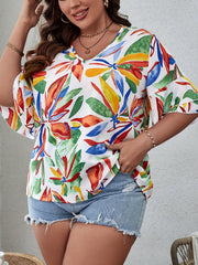 Vacay Blouse Women's Plus Leaf Print V Neck Beachwear Blouse