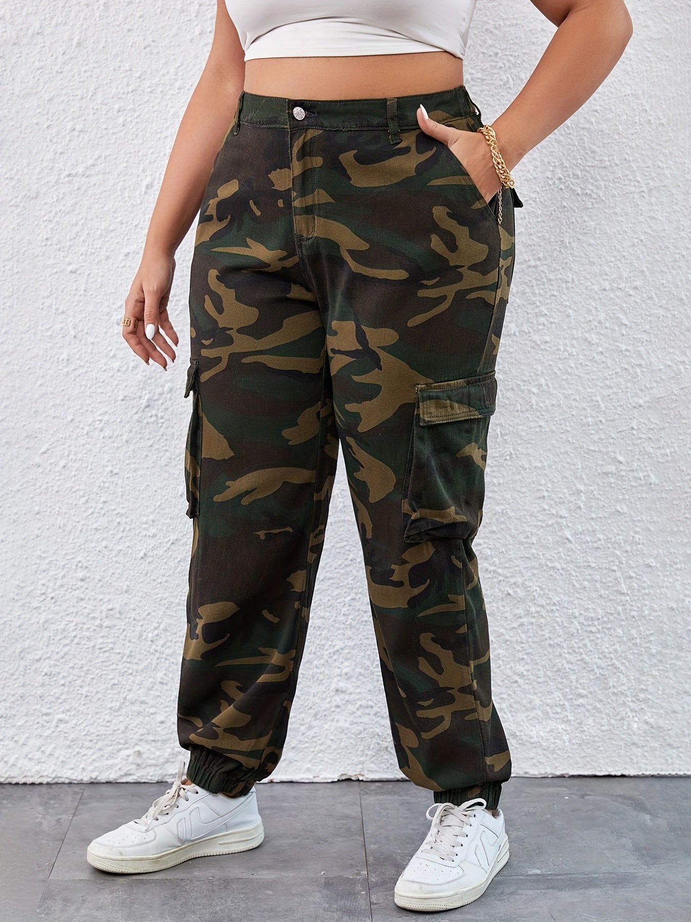 Women's Plus Camo Cargo Pants High Waist with Pockets