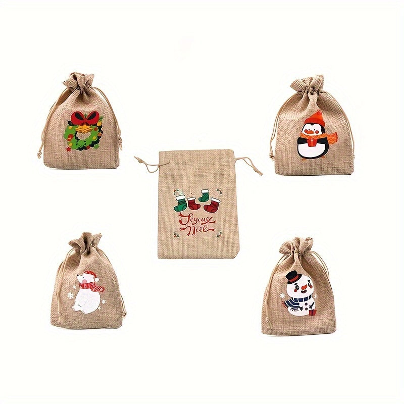 10pcs Christmas Burlap Gift Bags with Drawstring Xmas Party Favors Sacks