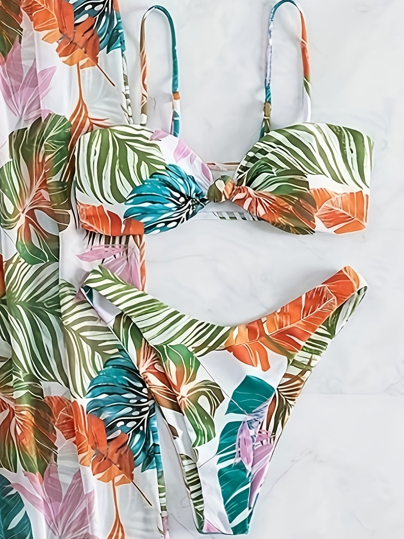 Leaf Print Spaghetti Strap 3 Piece Swimsuit & Cover Up Pants