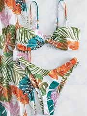 Leaf Print Spaghetti Strap 3 Piece Swimsuit & Cover Up Pants