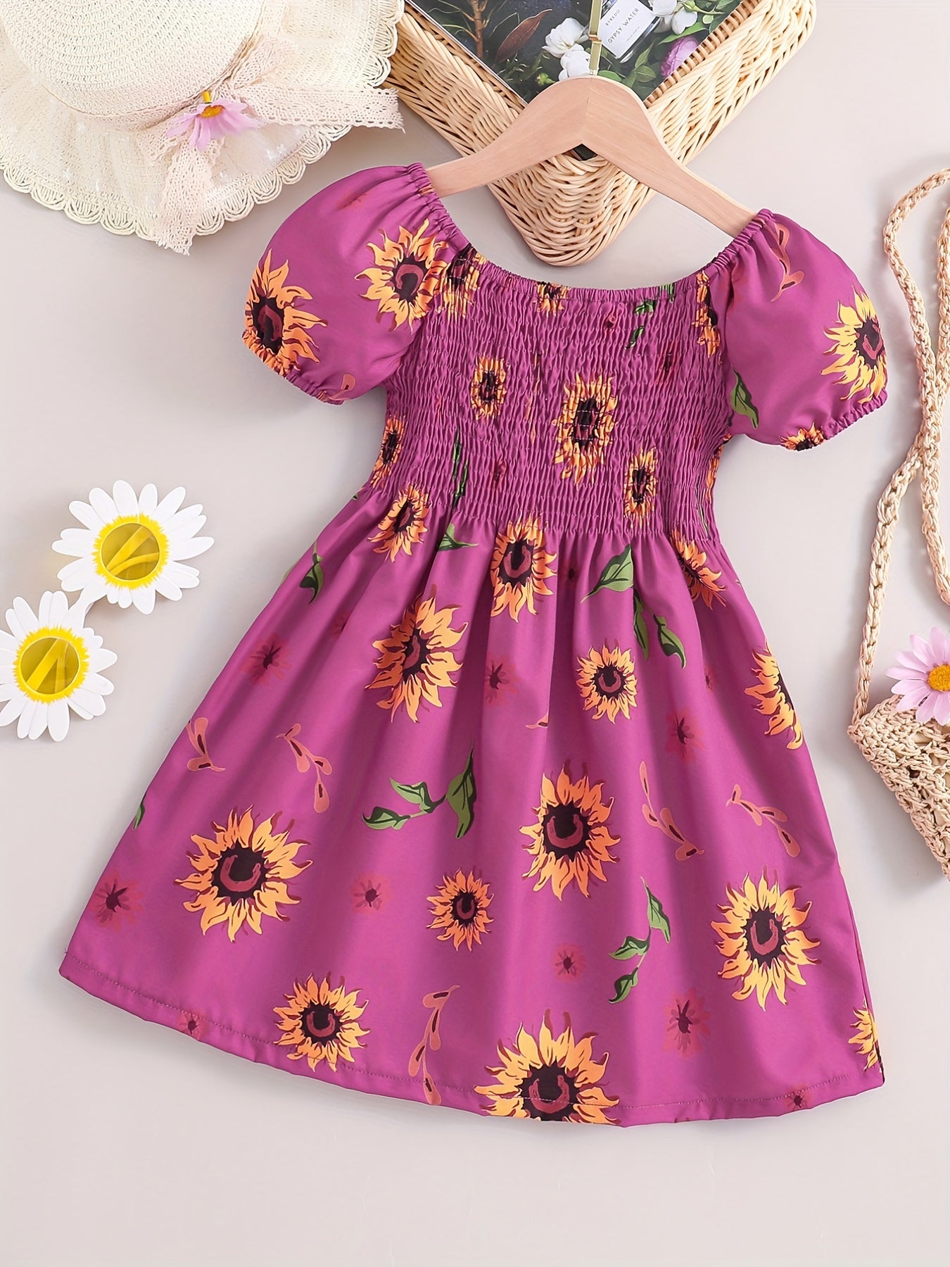 Girls Sunflower Print Princess Dress Kids Summer Clothes
