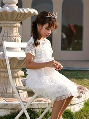 Girl's Lace Dress With Rose Appliques Grace Dress For Wedding
