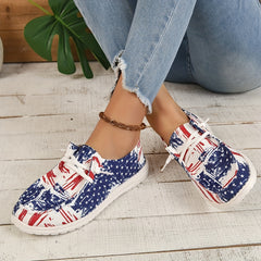 Women's Flag Pattern Boat Shoes Lace Up Patriotic Canvas Shoes Low Top