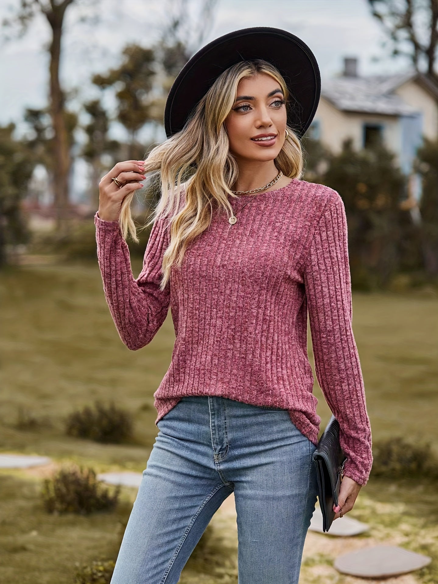 Solid Ribbed Long Sleeve Knit Top