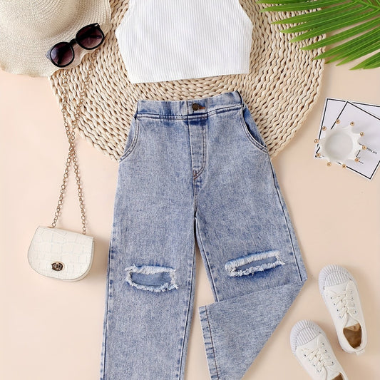 2pcs Girl's Mock Neck Crop Top Ripped Denim Suit