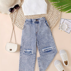 2pcs Girl's Mock Neck Crop Top Ripped Denim Suit