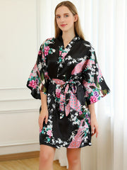 Floral Print Night Robe 3 4 Sleeve V Neck Robe Women's Sleepwear