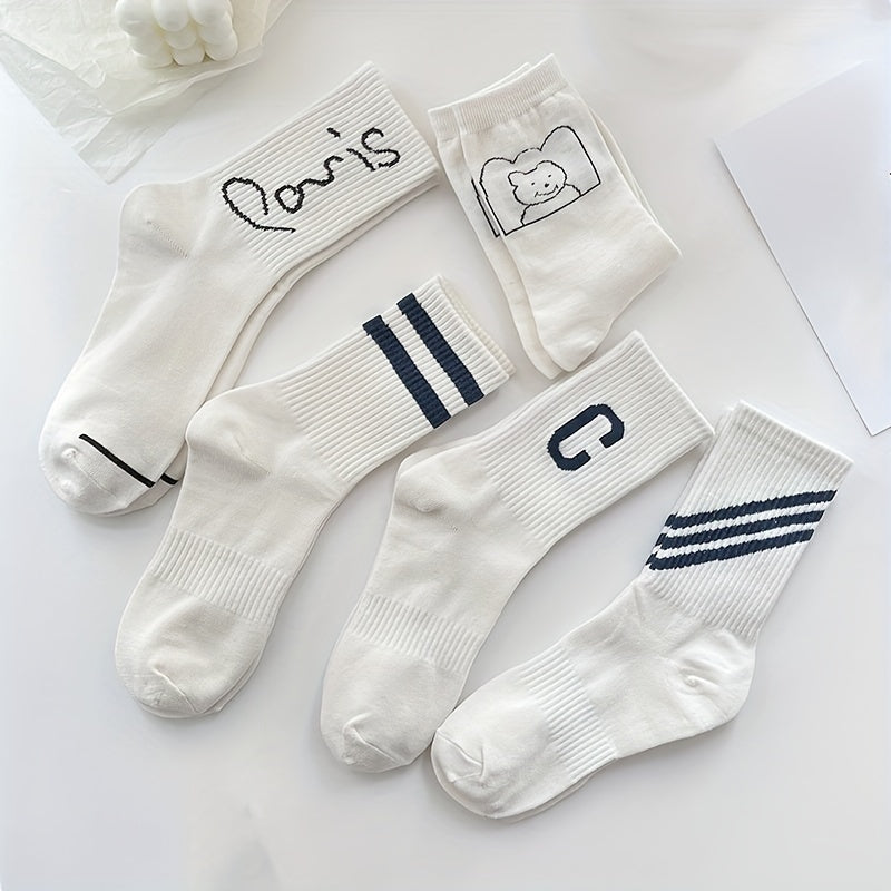 Letter & Striped Print Socks Women's Mid Tube Stockings