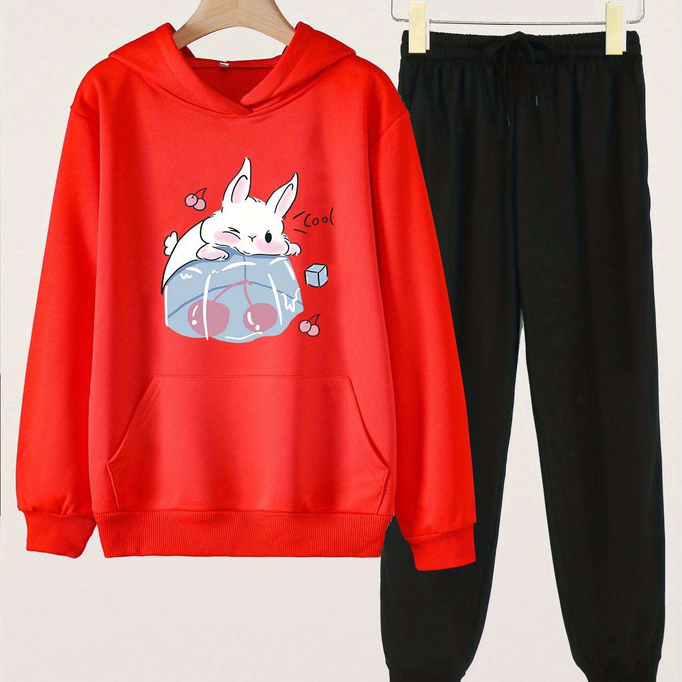 Bunny & Cherry Print Girls Hoodie & Pants Set