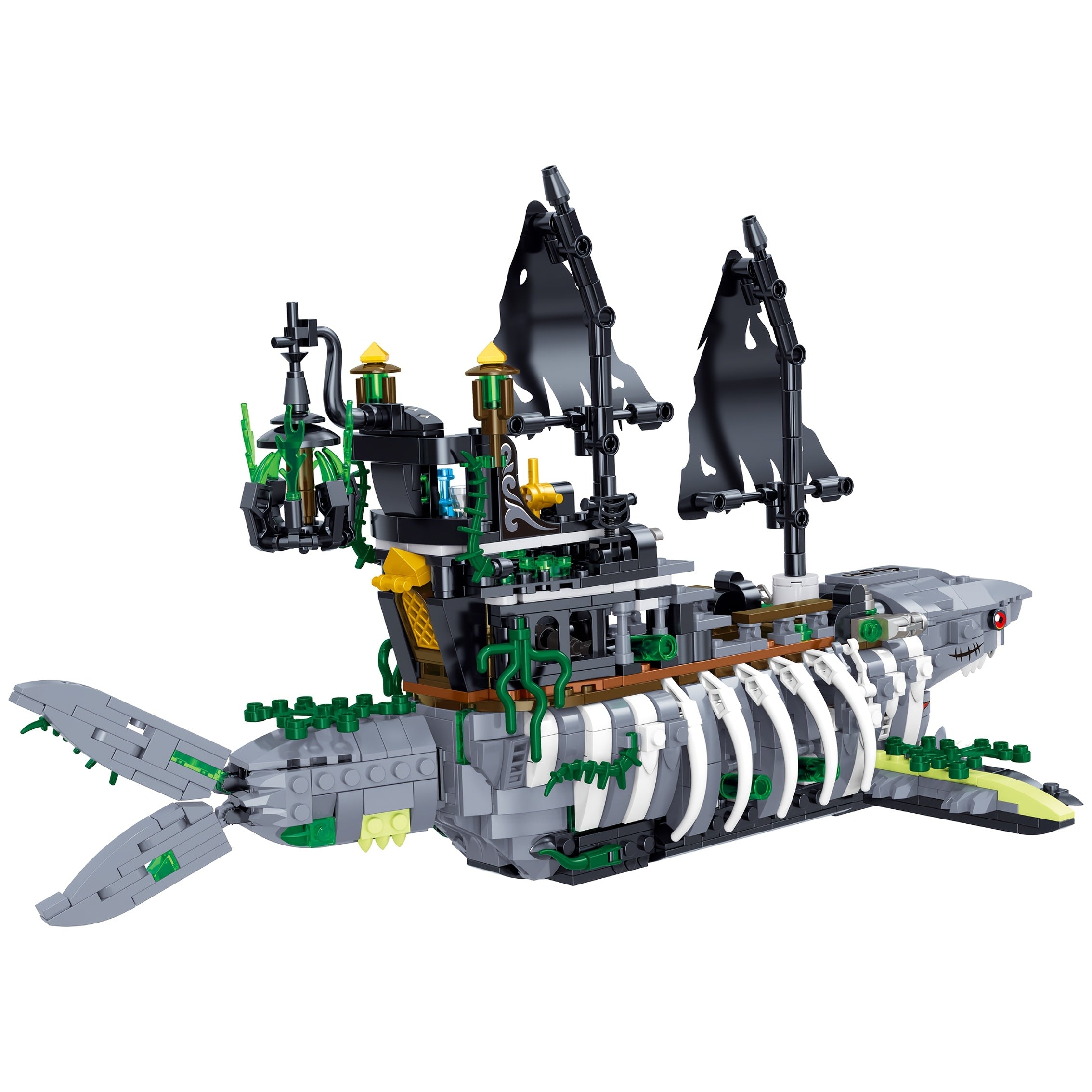 1155pcs Ghost Shark Pirate Building Blocks MOC Skeleton Crew Green Sails
