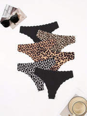 6pcs Leopard Thongs Scallop Trim Seamless & Comfy Stretchy Intimates Panties