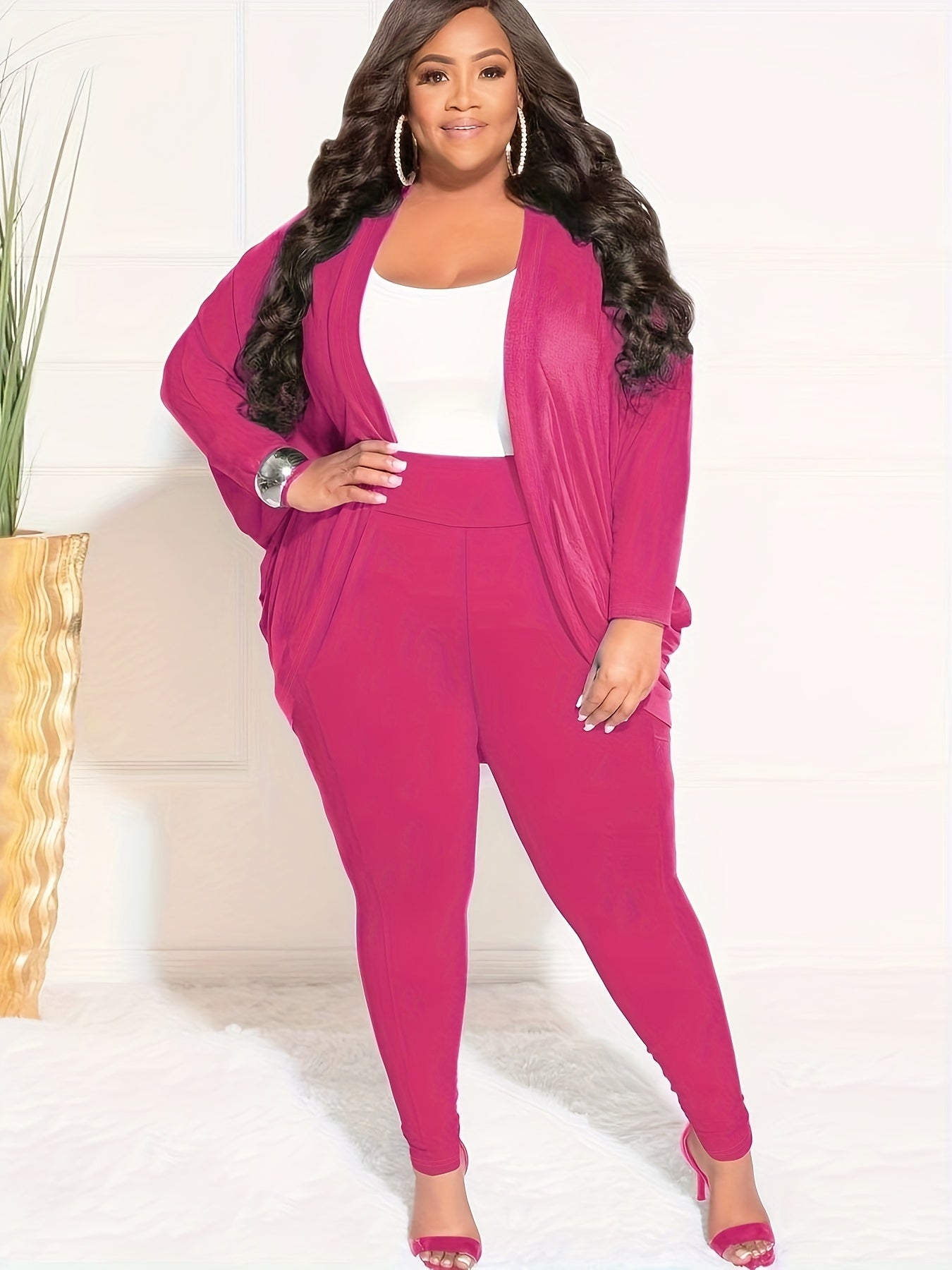 Plus Size Solid Side Ruched Long Sleeve Cardigan & Pant Set