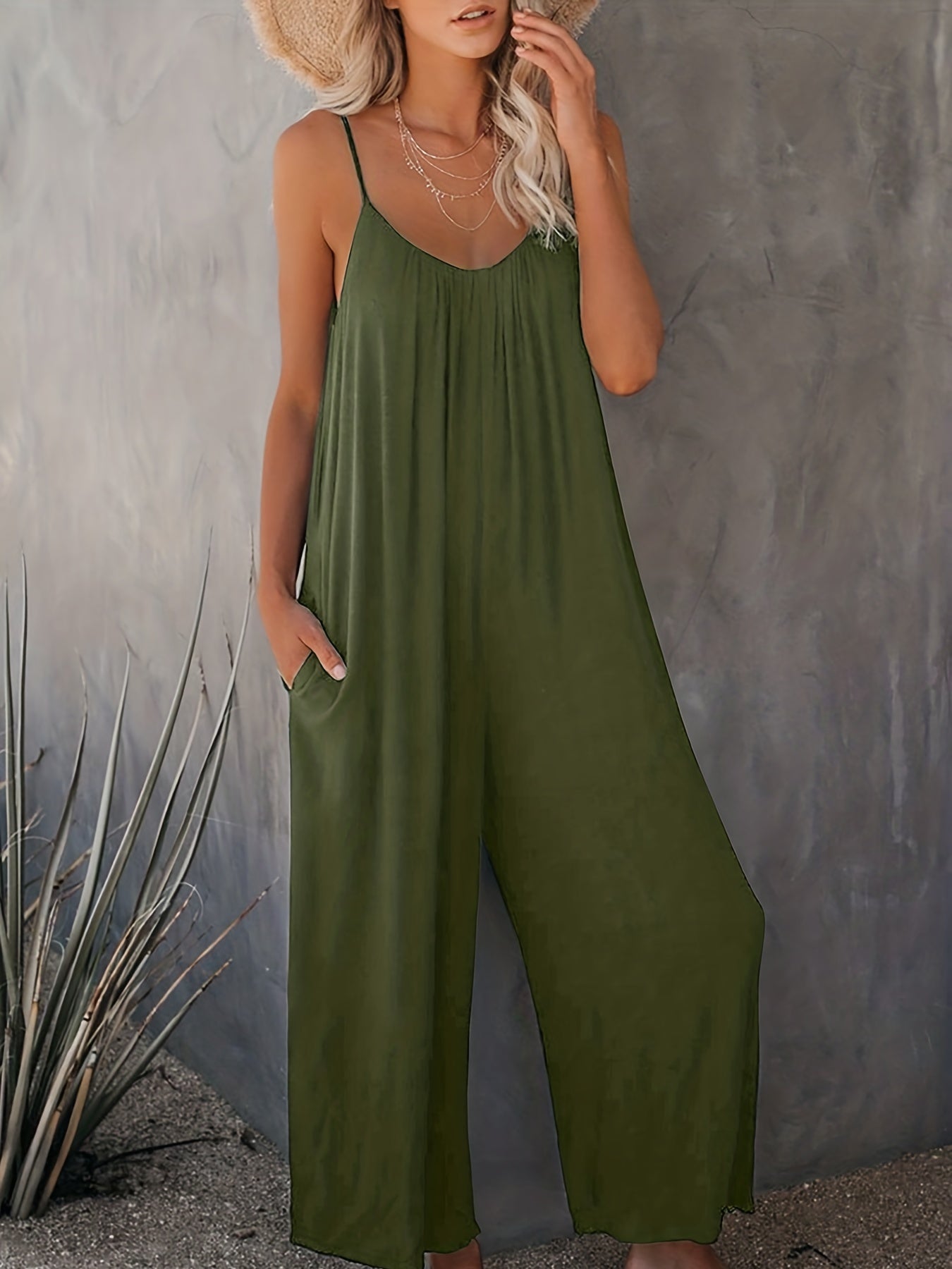Solid Spaghetti Wide Leg Jumpsuit Casual Backless Sleeveless Jumpsuit