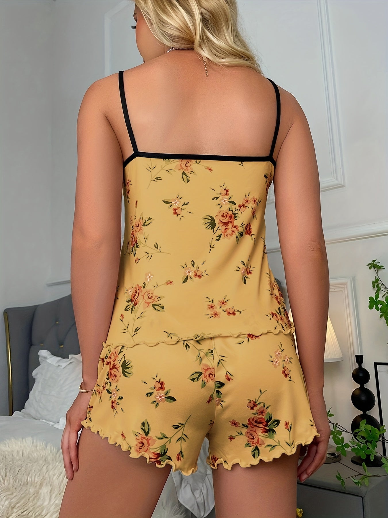 Flower Print Pajama Set Sleeveless Cami & Bow Shorts