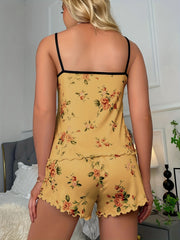 Flower Print Pajama Set Sleeveless Cami & Bow Shorts