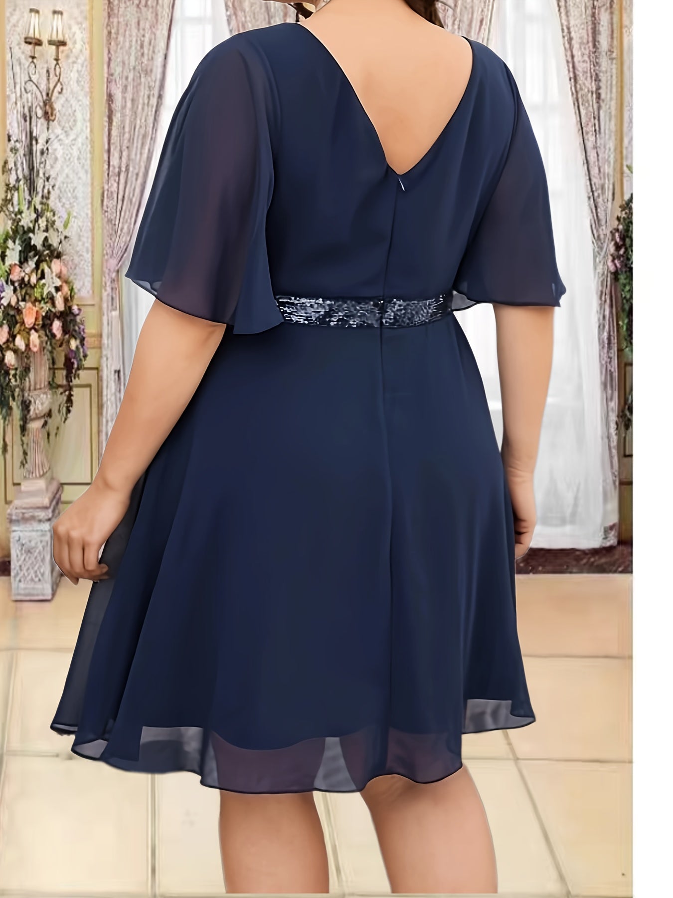 Plus Size Sexy Bridesmaid Dress Women's Plus Sequin Ruffle Sleeve