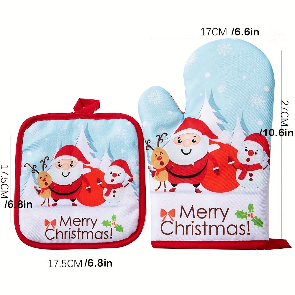 2pcs Merry Christmas Kitchen Gloves Heat Insulation Oven Mitts