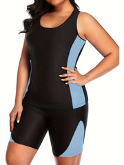 Colorblock Tankini Set Racer Back Tank Top & Shorts Swimsuit