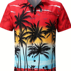 Coconut Tree Print Hawaiian Shirt Men's Casual Short Sleeve Top