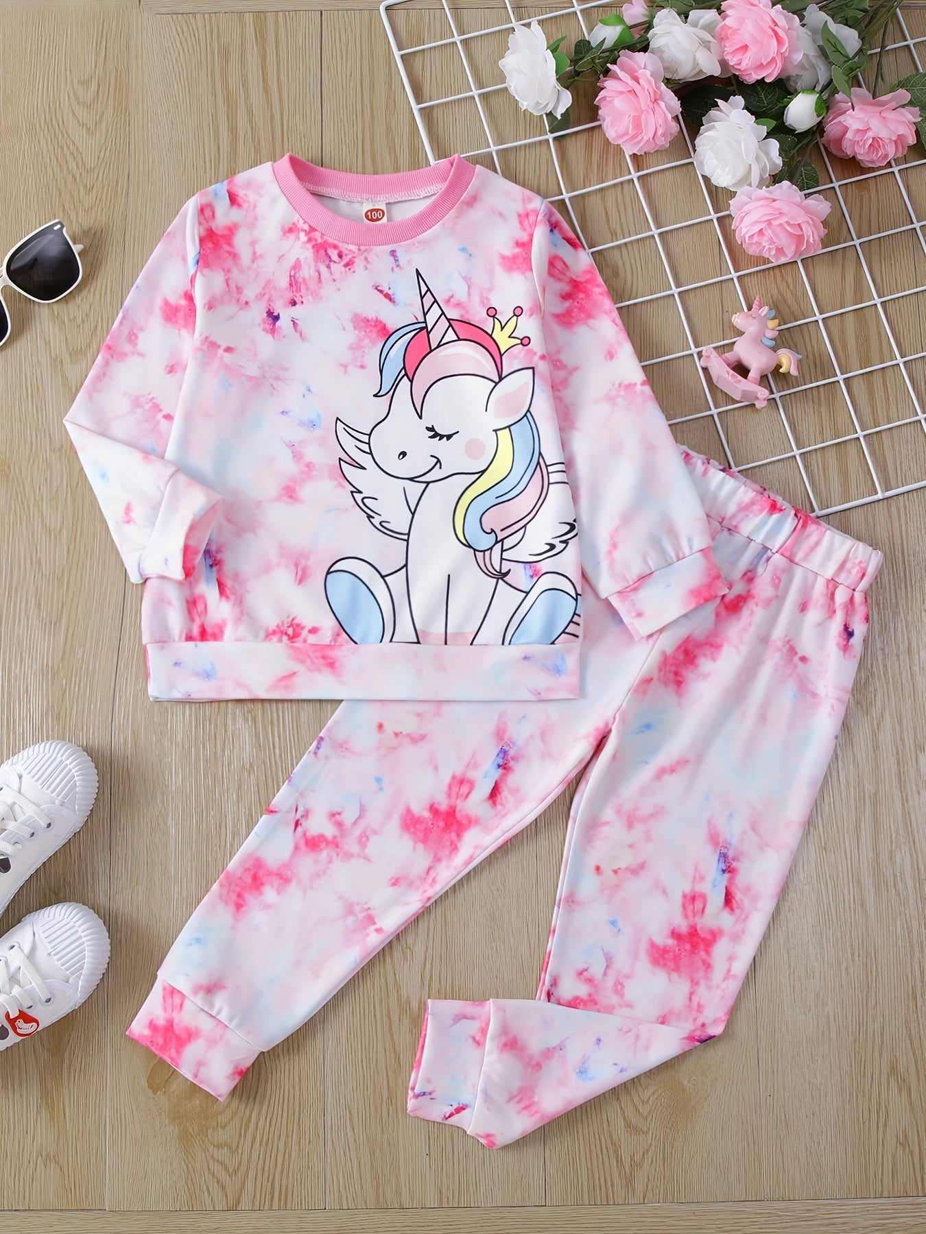 Toddler Girl's Tie Dye Outfit 2pcs Set Cartoon Unicorn Print