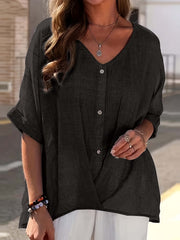 Casual Blouse Women's Plus Solid Half Sleeve V Neck Button Decor Wrap
