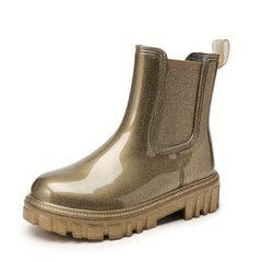 Women's Glitter Solid Rain Boots Slip On Round Toe Non slip Waterproof Shoes