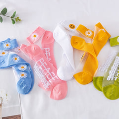 Daisy Print Socks Contrast Mesh Crew Short Socks Women's Stockings