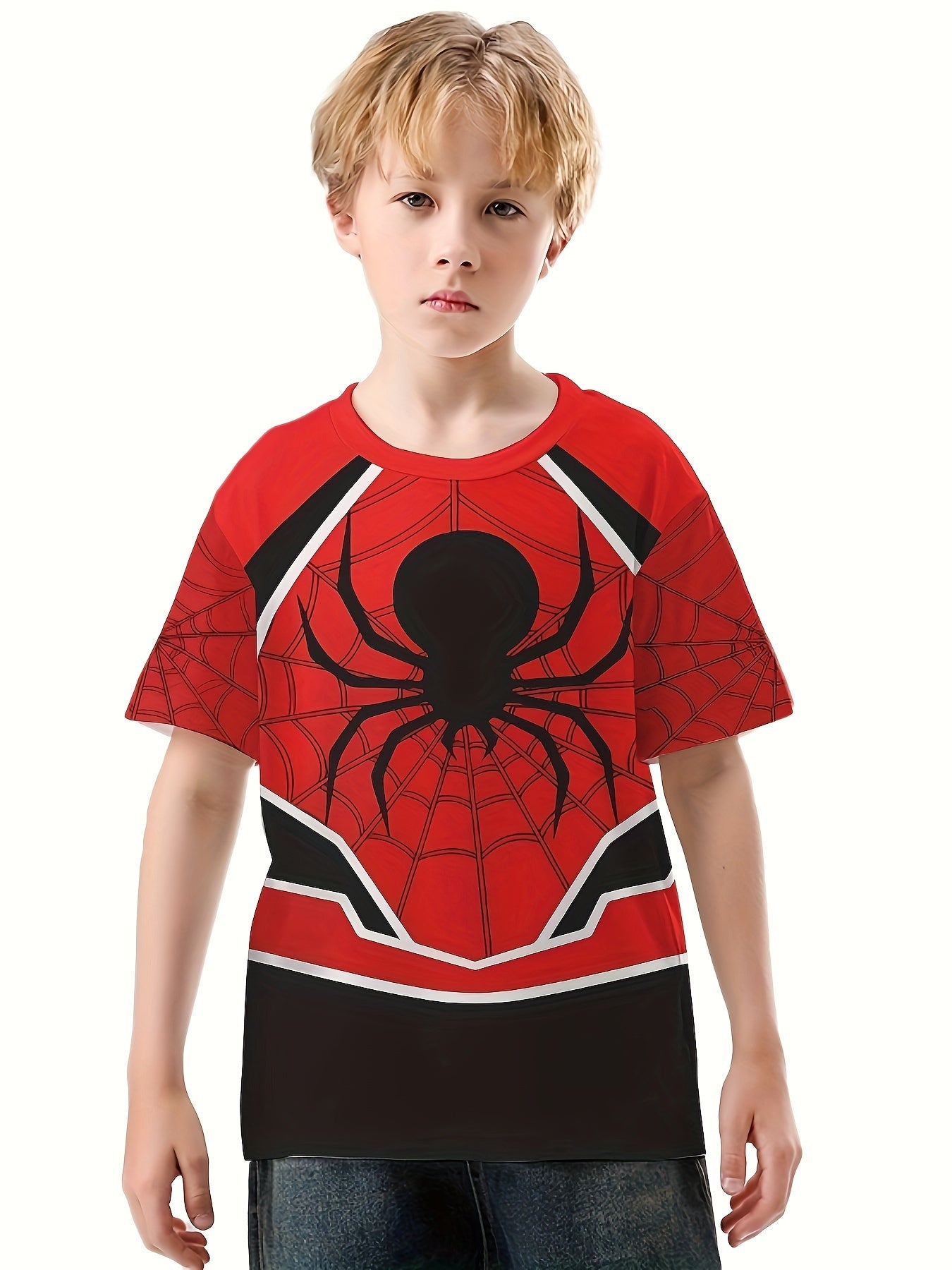 Spider Print Tee Tops Boys Round Neck Casual Short Sleeve Comfortable