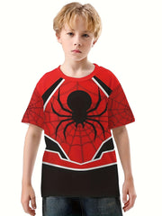 Spider Print Tee Tops Boys Round Neck Casual Short Sleeve Comfortable