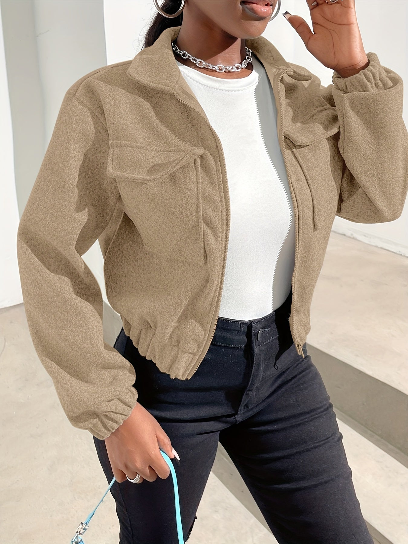Zip Up Solid Jacket Long Sleeve Outerwear