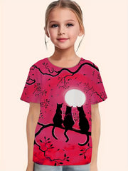 Moon Night Kitty Graphic T shirt Girls Casual Short Sleeve Tees