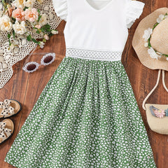 Toddler Girls Flutter Sleeve Dress Waist Hollow Flowers Graphic Princess Dress