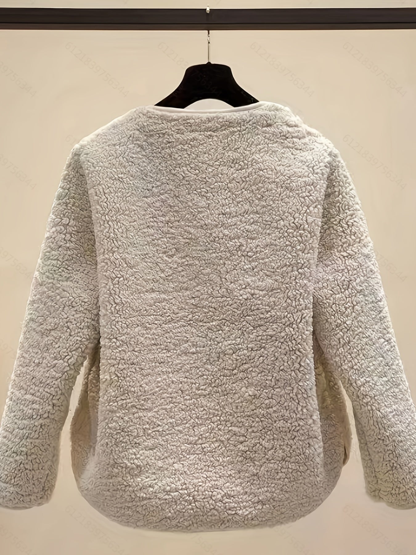 Solid Pocket Front Teddy Coat Casual Crew Neck Long Sleeve Outerwear