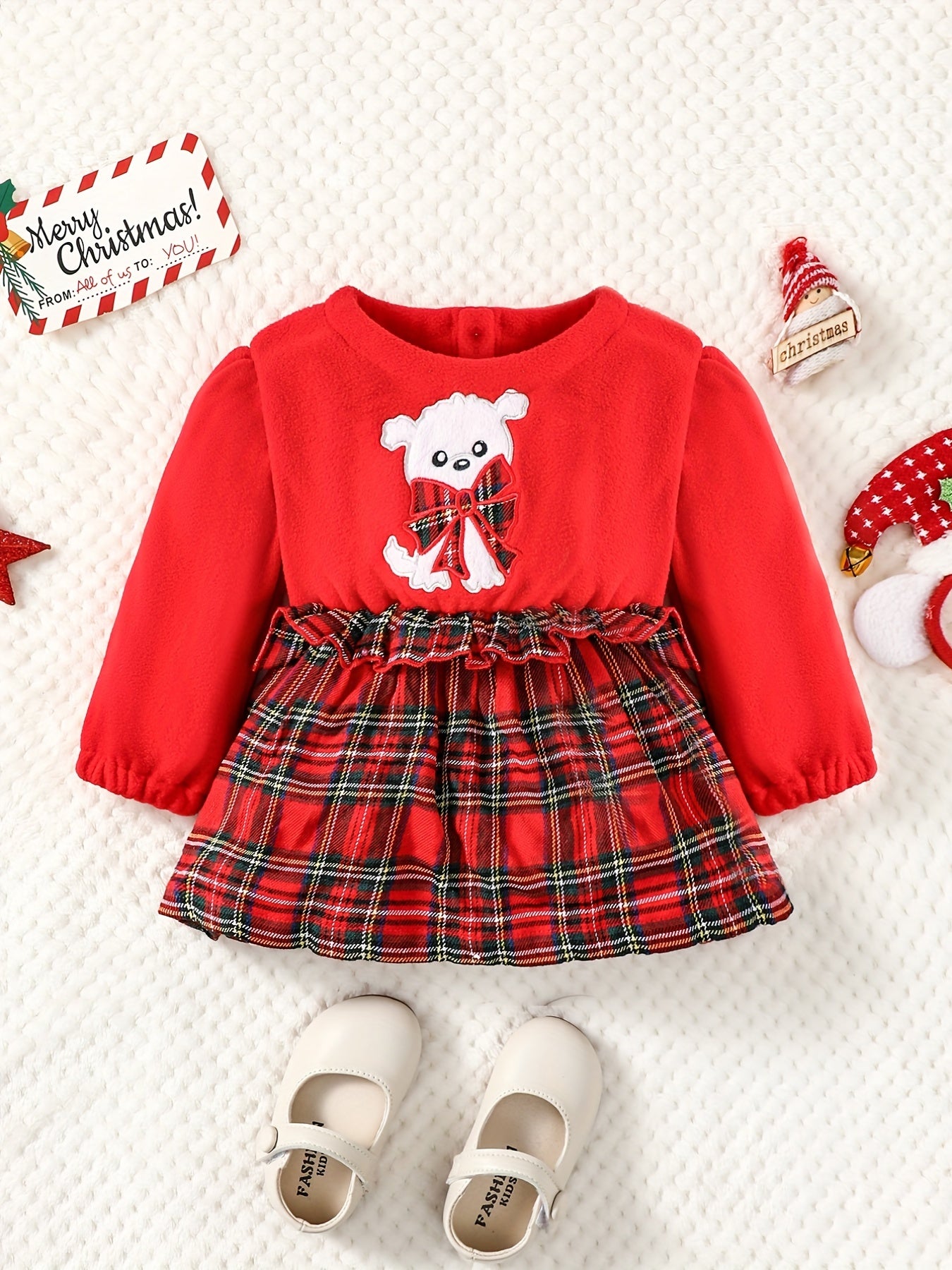 Puppy Embroidered Plaid Long Sleeve Dress Toddler Baby Girls Casual Dress