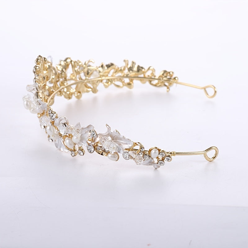 Vintage Golden Crystal Faux Pearl Rhinestone Tiara Wedding Jewelry