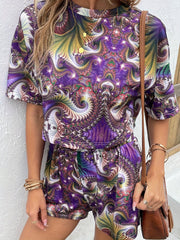 Paisley Print Two Piece Set Short Sleeve T shirt & Elastic Shorts Outfit