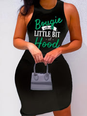 Women's Tank Dress Slogan Print Round Neck Stretch Slim Fit