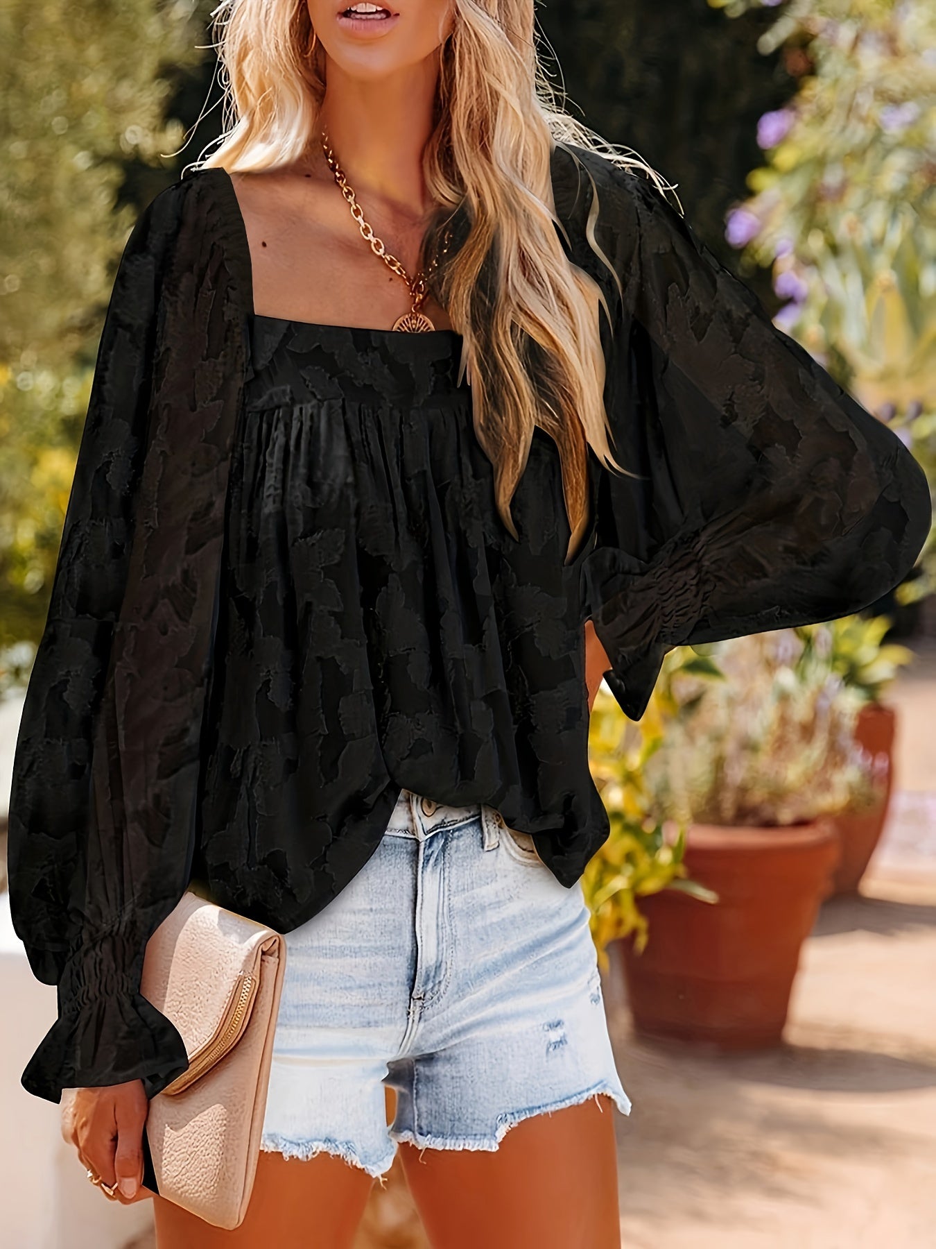 Casual Blouse Women's Plus Solid Floral Textured Lantern Sleeve