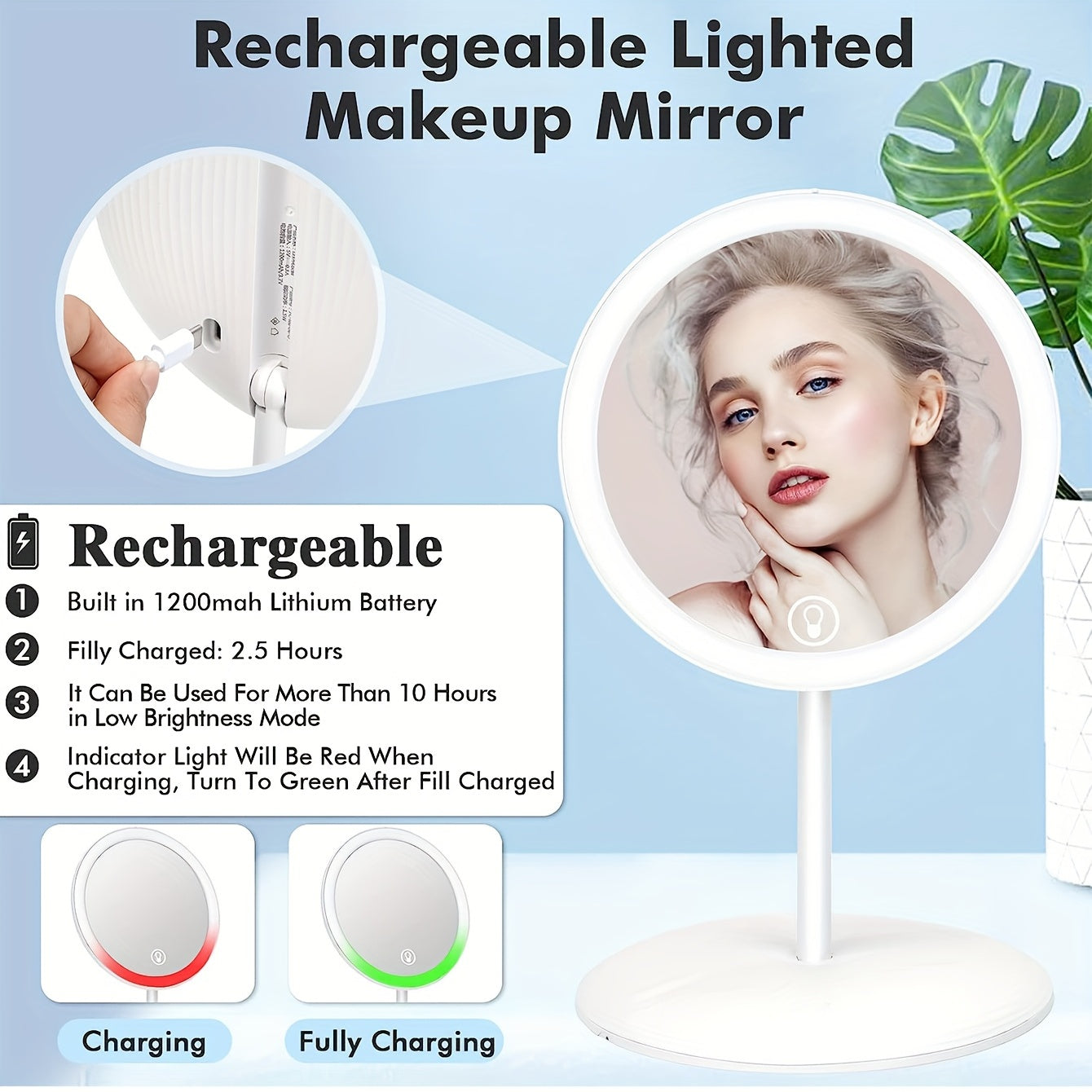 Portable LED Makeup Mirror Touch Control USB Rechargeable Brightness Adjustable