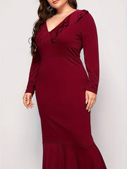 Solid Ruffle Trim V Neck Stretch Dress
