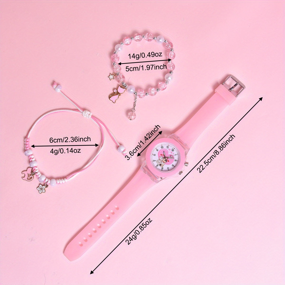 Girls' Cartoon Cat Watch Gift Set with Pendant Bracelet