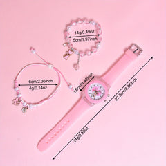 Girls' Cartoon Cat Watch Gift Set with Pendant Bracelet