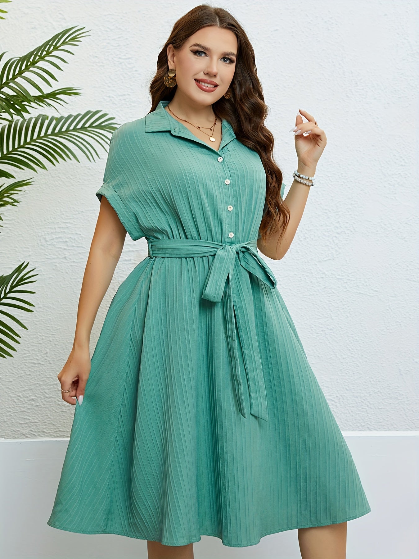 Ribbed Button Up Bat Sleeve Shirt Dress