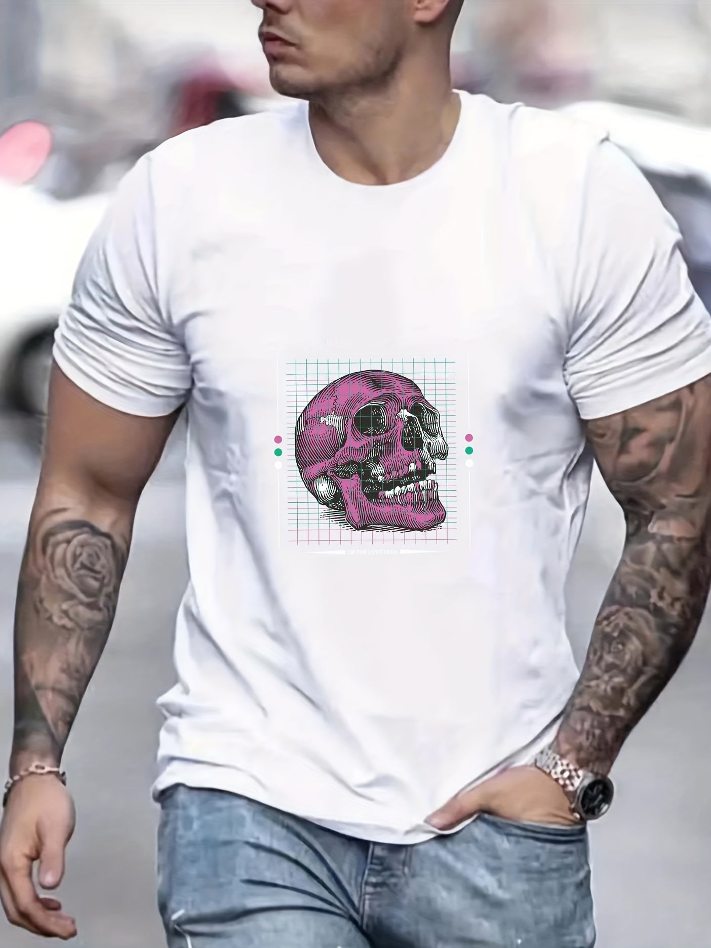 Skull Print Men's Graphic T Shirt Comfy Crew Neck Tee for Summer