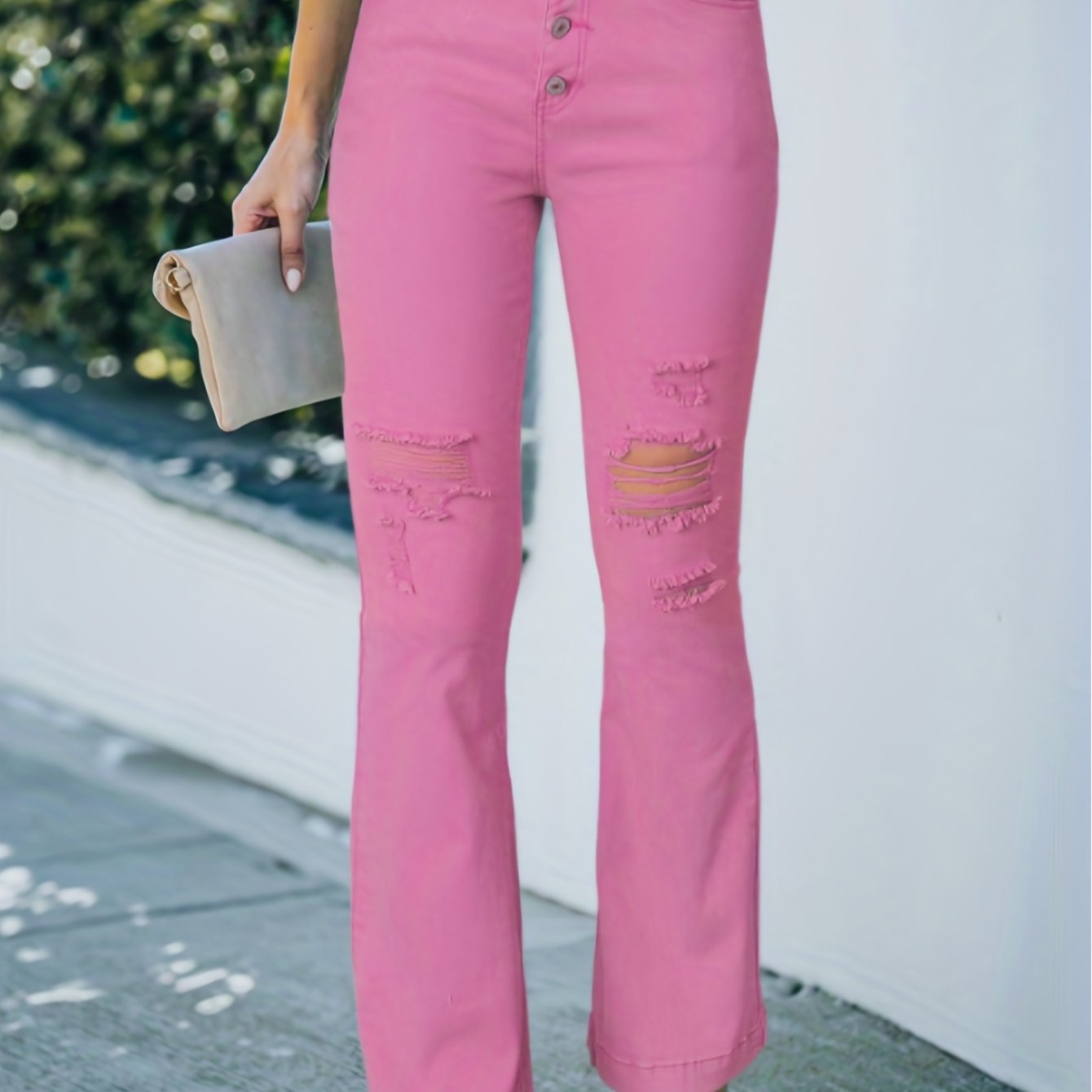 Ripped Flare Leg Jeans High Rise Button Fly Solid Stretch Denim Pants